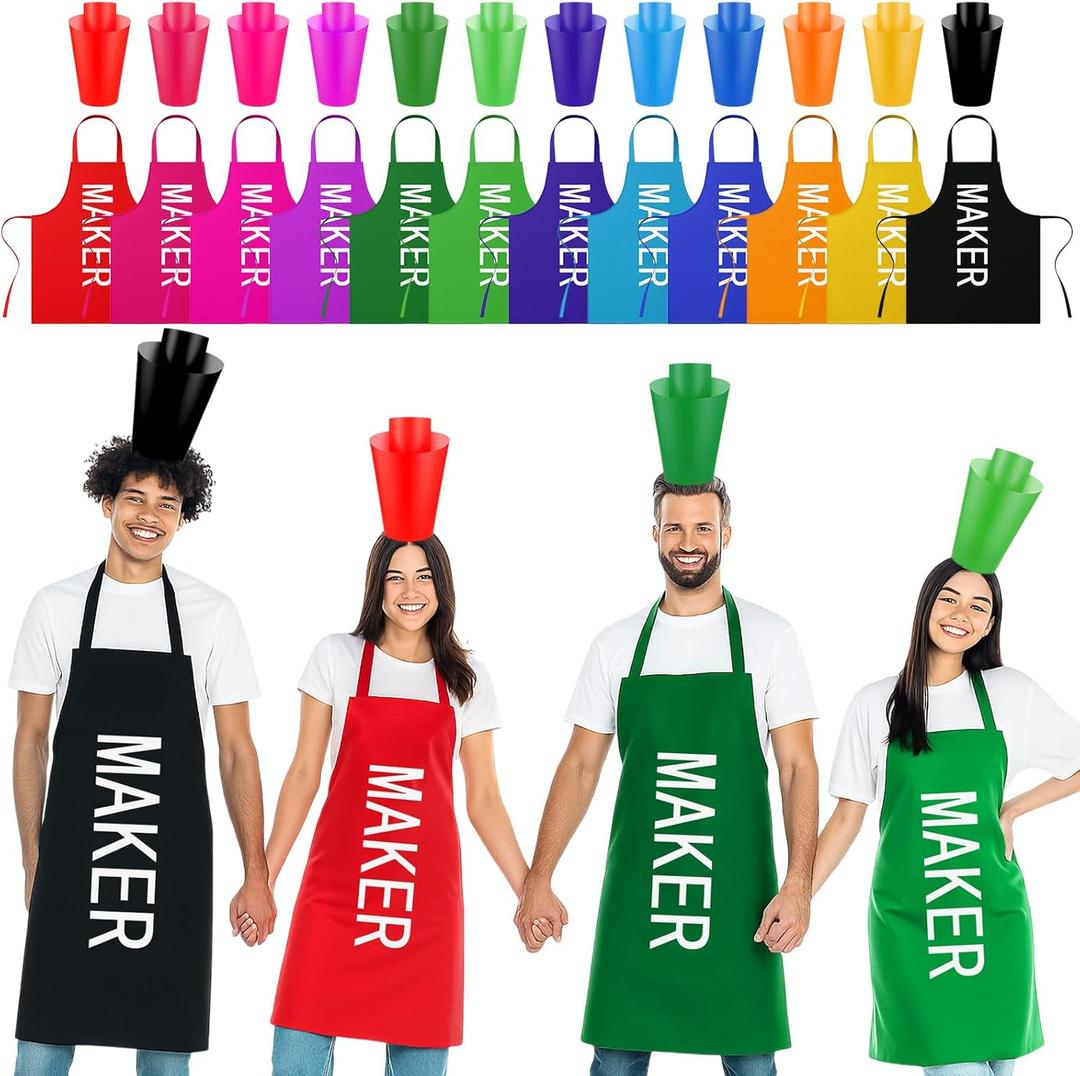 Toulite 12 Sets Halloween Group Costumes for Teacher Adults Colorful Marker Aprons and DIY Cone Hats Halloween Marker Costumes Aprons Cardstock Hat Funny Outfit for School Themed Events
