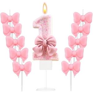 Pink Birthday Number Candles with Bow and Glitter Sequins, Includes 20 Mini Bow Pink Birthday Candles, Safe Sparkler Candles for Cake Decorations, Birthdays, Weddings, Baby Showers, Number 1 set of 2