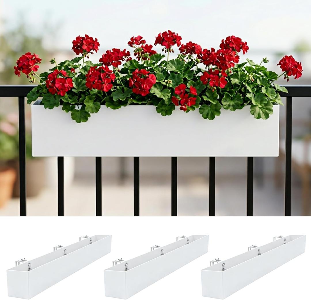 LaLaGreen Planter Boxes Outdoor (36 Inch, 3 Pack) White Metal Rectangular Deck Railings Flower Box with Brackets, Large Planters Plant Holder for Fence Balcony Rail Patio Porch Modern Garden Decor
