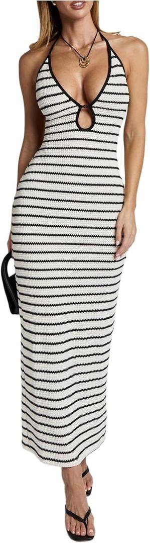 Milumia Women's Knitted Striped Backless Cut Out Halter V Neck Dress Sleeveless Bodycon Maxi Dresses Black and White Small
