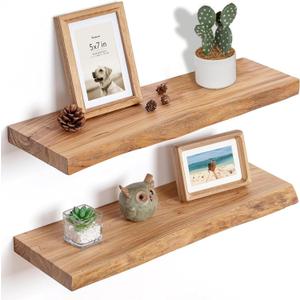 Fun Memories Floating Shelves, 24 Inch Set of 2, Rustic Solid Elm Wood Wall Storage, Mounted Display Shelving with Invisible Heavy-Duty Metal Bracket, Natural