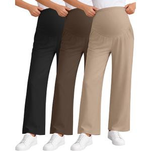 3 Pack Women's Maternity Pants Loose Wide Leg Pregnancy Sweatpants Over The Belly Lounge Pants Pajama with Pockets (Large, Black, Brown, Khaki)