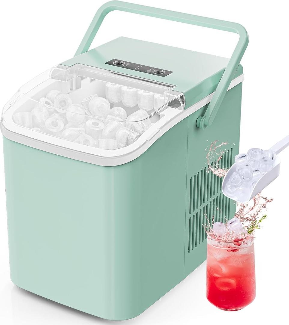 Sweetcrispy Countertop Ice Maker with Scoop, Basket and Handle, Portable Ice Machine 9 Ice Cubes Ready in 6 Mins, 26.5lbs in 24Hrs, 2 Sizes for Home Kitchen Office Bar Party, Green
