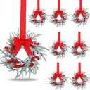 Giegxin 8 Pcs Vintage Small Christmas Wreath for Cabinet Mini Kitchen Wreath with Red Berry Realistic Norfolk Farmhouse Decoration for Xmas Window Indoor Chair Fireplace Porch Candle Decor (No Bows)