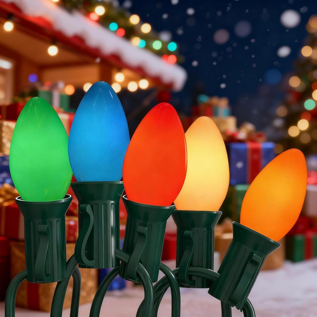 C7 LED Christmas Lights Outdoor,25FT Multicolor C7 Christmas Lights Indoor with 27 0.6w Bulb Fit E12 Base,Xmas Light Outdoor for House, Yard, Garden, Christmas Tree Decoration, Green Wire