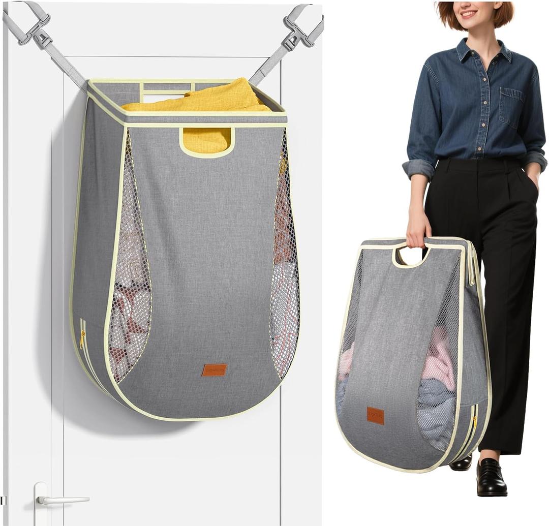 Ligereza Large Capacity Hanging Laundry Hamper Bag,Portable Over The Door Laundry Basket,Breathable Clothes Hamper,for Dormitory/Bathroom/RV Camping 14.5 x 8.6 x 25.5 in (Gray)