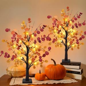 2 Pack Fall Decor 24 Inch Artificial Fall Table Tree Lighted EucalyptusTree with 24 LED Light Timer Fall Table Decor for Autumn Thanksgiving Wedding Party Harvest Home Indoor Outdoor