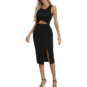 Women's Summer Dress with Slit Sleeveless Crew Neck Cutout Twist Front Crisscross Ribbed Knit Bodycon Midi Casual Dresses, Size XS