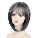 RENERSHOW Grey Medium Length Bob Wig with Bangs Layered Straight Hair Wigs for Women Salt Pepper Wig with Dark Roots Natural Dark Grey Daily Hairstyle Lightweight Hair Replacement Wig