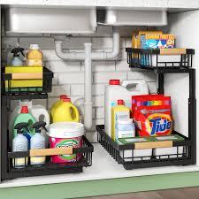 Kitstorack Under Sink Organizer, 2 Tier Under the Sink Storage, Slide out Pull out Cabinet Organizer Shelf, Metal Sliding Drawer for Kitchen Bathroom Pantry Closet Organization Rack, White, 2 Pack