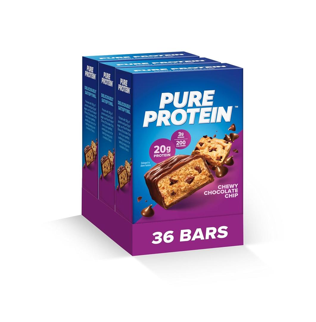 Pure Protein Bars, High Protein, Nutritious Snacks to Support Energy, Low Sugar, Gluten Free, Chewy Chocolate Chip, Pack of 36, BBD: 04/30/2025