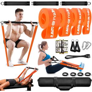 DASKING Resistance Band Bar Set for Home Gym, 500LB Total Resistance with Longer Bar & 4 Stackable Bands, Detachable for Full Body Workouts, Door Anchor, Exercise Guide, 98CM/38.5" Length