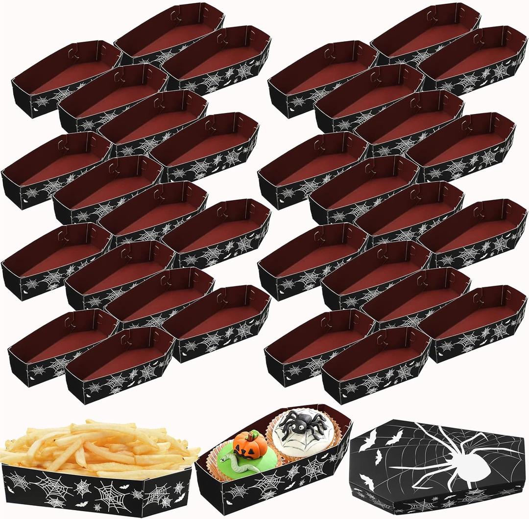 24 Pcs Halloween Coffin Snack Trays, Halloween Party Food Supplies Patterned Cardboard Paper Food Trays for Candy Storage Guest Serving Supplies(Spider)