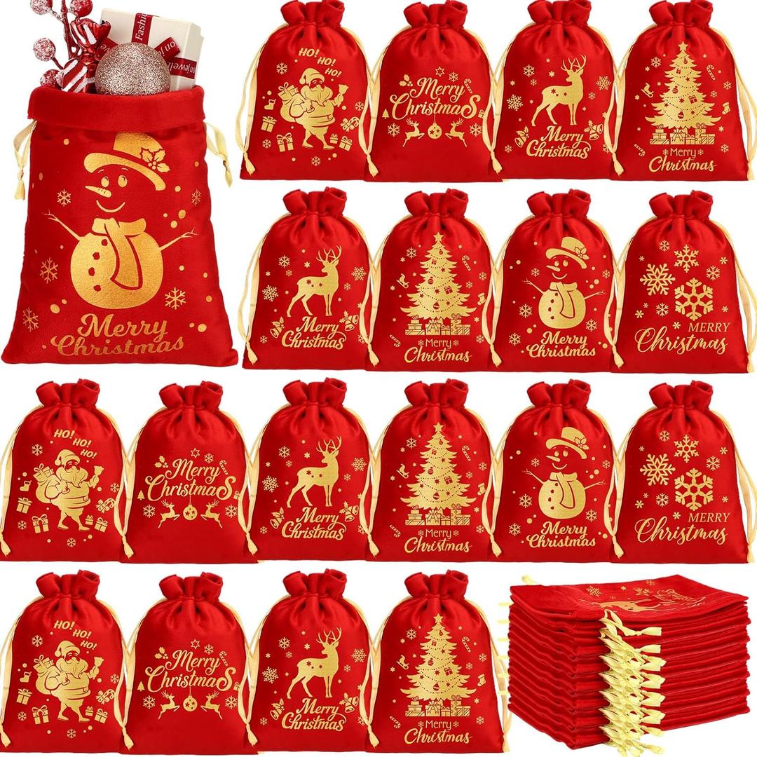 Wesnoy 50 Pcs Christmas Velvet Drawstring Bags Bulk Santa Gift Bags for Candy Wrapping Goodie with Ribbon Drawstring for Xmas Holiday Party Supplies, 6 Styles(5 x 7 Inch,Red)