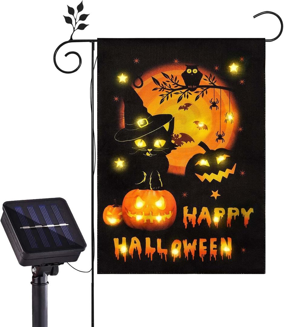 Solar Lighted Halloween Garden Flags Double Sided Burlap Cat Pumpkin Garden Flags for Garden Patio Lawn Outside Halloween Decorations Garden Decor