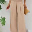 Womens Elastic High Waisted Wide Leg Pants Casual Loose Flowy Palazzo Pant Long Lounge Capri Trousers with Pocket (Beige, M)