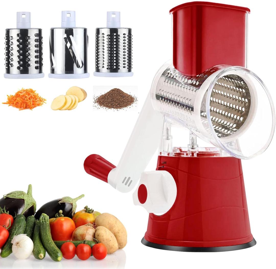 Kitchen Cheese Grater Hand Crank, 3-Blade Stainless Vegetable Shredder Steel Grinder with Strong Suction Base, Easy to Use & Clean for Cheese, Veggie, Nut, Chocolate (Red)
