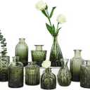 12pcs Green Glass Bud Vases Set, Small Vases for Flowers, Bud Vase for Centerpieces in Bulk, Mini Vintage Vase for Wedding Decorations, Office and Home Table Flower Dcor