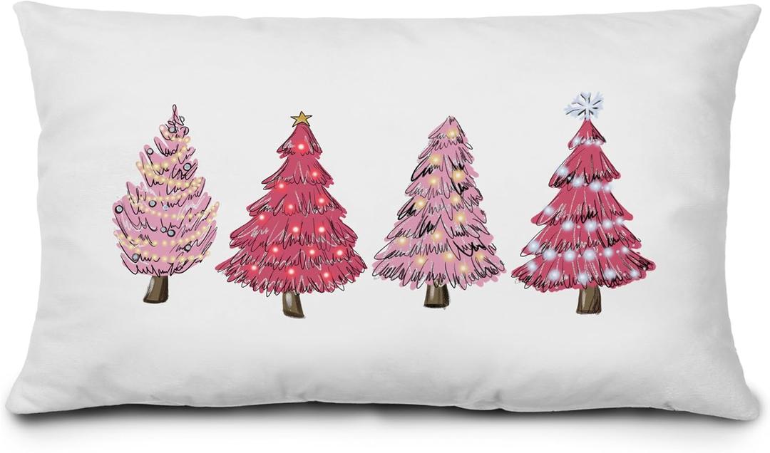 KEUSPI Pink Christmas Decor Pink Christmas Pillows Covers 12x20, Pink Christmas Decorations Christmas Pink Decor,Christmas Tree Pillow Covers,Pink Christmas Tree Decor for Christmas Bedroom Decor