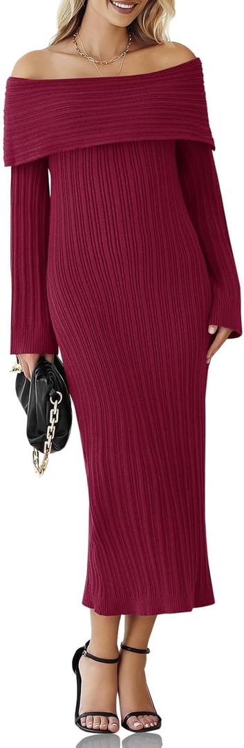 Saodimallsu Womens Off Shoulder Maxi Sweater Dress Long Sleeve Bodycon Sexy Elegant Club Party Knit Dresses (Red, L)