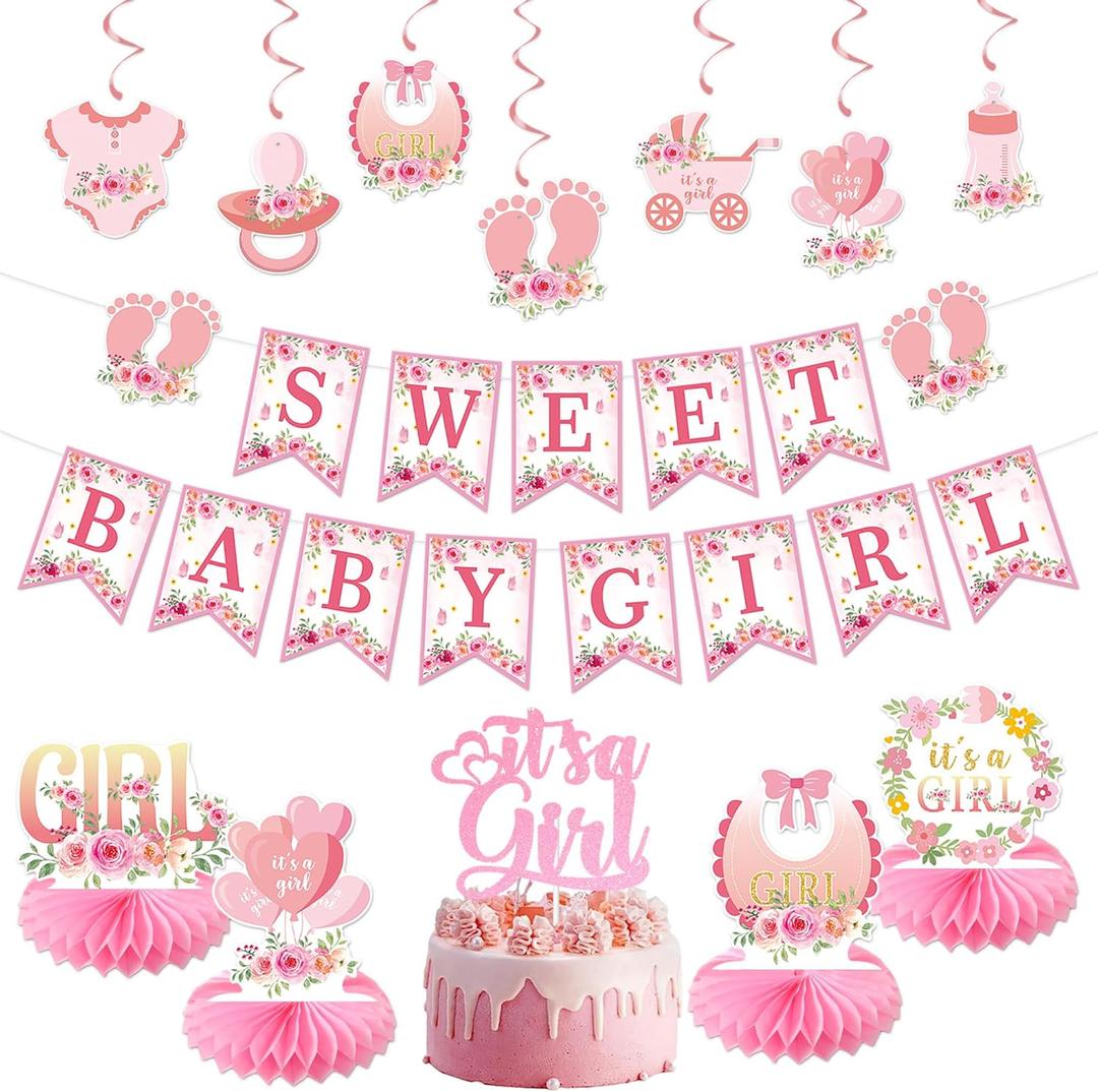 Vlipoeasn Floral Baby Shower Decorations for Girl, Pink Baby in Bloom Baby Shower Supplies, It's a Girl Cake Topper, Cute Honeycomb, Hanging Swirl Flag, Sweet Baby Girl Shower Decor