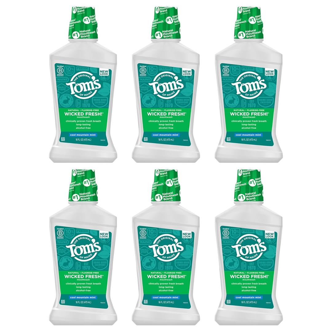Tom's of Maine Natural Wicked Fresh Alcohol-Free Mouthwash, Cool Mountain Mint, 16 oz. 6-Pack (Packaging May Vary)