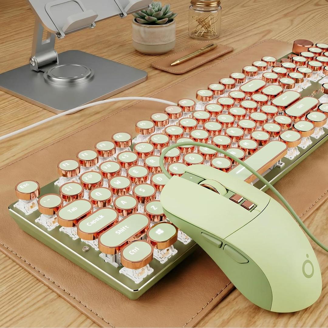 EWEADN Wired Typewriter Keyboard and Mouse Combo, Typewriter Style Mechanical Keyboard,104 Keys Backlit LED Keyboards, Media Control Knob, Wired Keyboard Pink Switch for Windows/PC-Green