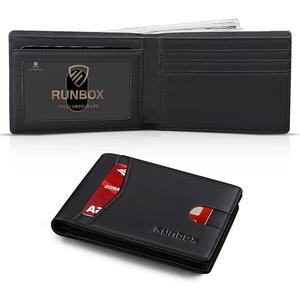 RUNBOX Wallet for Men Slim Leather Bifold RFID Blocking Minimalist Front Pocket Design with Gift Box, Black 