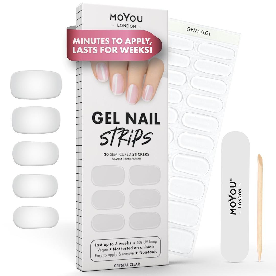 MOYOU LONDON Semi Cured Gel Nail Strips - 20 Pcs. Waterproof Gel Nail Wraps, Cures in Sunlight or UV/LED Lamp, Lasts Up to 2+ Weeks, Stretchable, Easy to Apply & Remove, Vegan & Cruelty-Free (Clear)