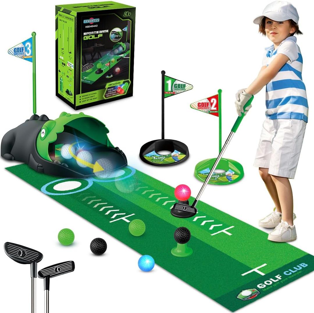 Kids Toy Golf Club Set with Automatic Ball Returner, Led Light Up Night Golf Balls, Golf Putting Mat, 3-5 Toddler Mini Golf Games, Indoor Outdoor Sport Toys Gifts for Boys Girls Aged 3 4 5 6