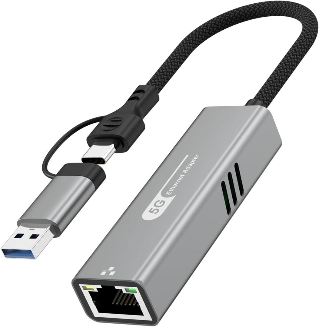 tiavalmax USB C to Ethernet Internet Adapter 5Gbps, 2-in-1 Aluminum USB 3.0 Type A/ Type C to RJ45 LAN Network Adapter Compatible with Nintendo Switch, Smrtphone, Laptop, PC, MacBook, Windows, macOS, Linux