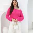 2025 Fall Cropped Sweater for Women Off The Shoulder Pullover Fluffy Knit Fashion Crop Top Holes Design (Pink, XL)