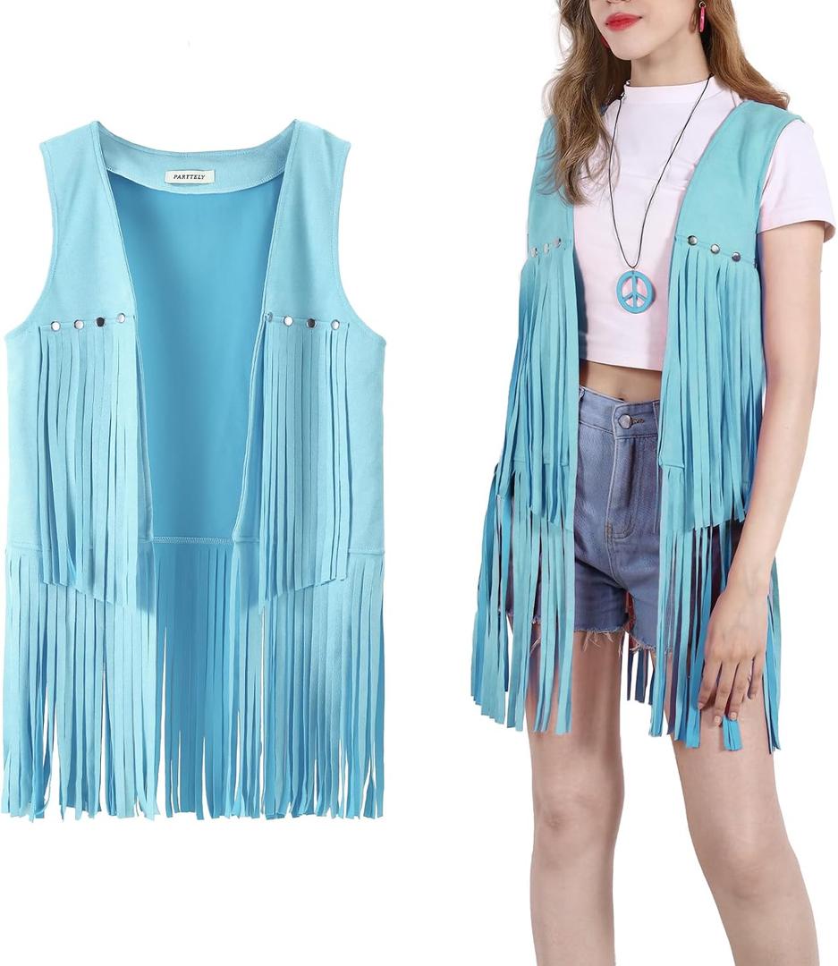 PARTTELY Women Fringe Vest 70s Hippie Costume Faux Suede Rivets Tassel Sleeveless Cowgirl Western Costume Jacket Outerwear (Blue, XXL)