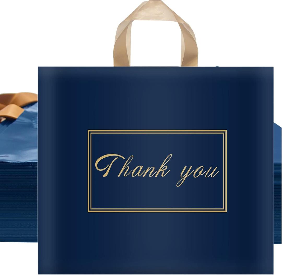WAKAKO 60 Pack Thank You Plastic Bags for Small Business Retail Store 14x16 Inch Shopping Merchandise Bags with Handle, Blue