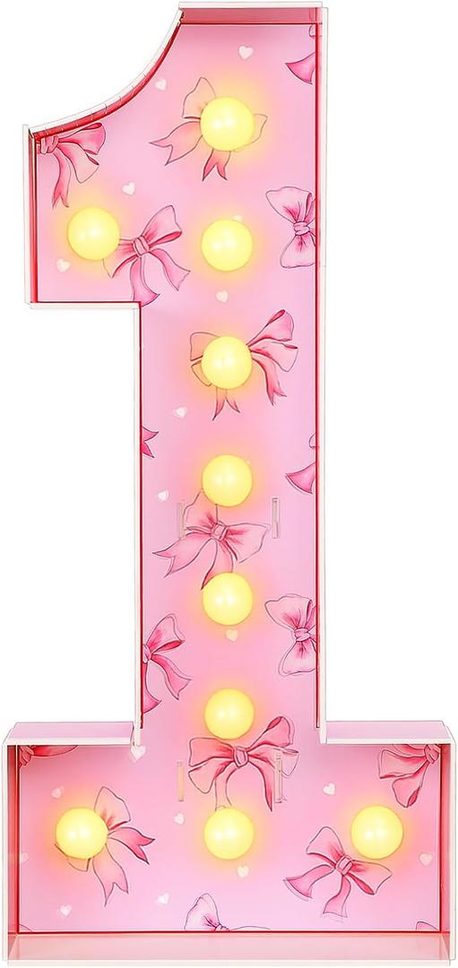 Retisee 3ft Pink Bow Light up Marquee Number Pink Bow Number 1 Light up Sign Pre-cut Foam Lighted Numbers for 1st Birthday Baby Shower Wedding Party Decor