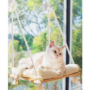 Cat Window Perch with Industrial-Grade Suction Cups - Solid Pine Wood Hammock Bed, Soft Cushion - 42 lb Capacity for Cats Inside