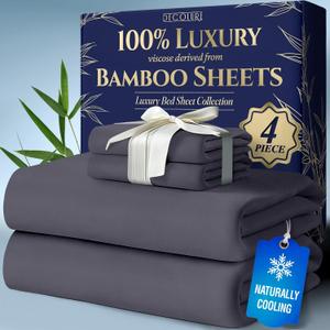 DECOLURE 100% Viscose Derived from Bamboo Sheets King Size 4pcs - Ultra Soft & Luxuriously Cooling, 17" Deep Pocket, Double Stitching, Perfect for Hot Sleepers - King Bed Sheets (Grey)