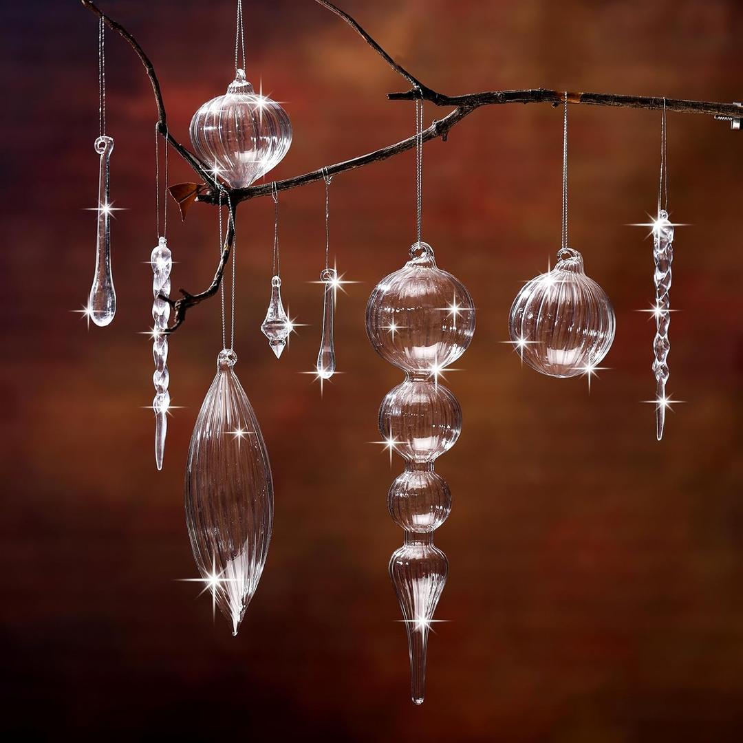 Syhood 24 Pcs Christmas Crystal Glass Ornaments Clear Vintage Acrylic Hanging Ornaments Christmas Drop Icicle Teardrop Ball Decorations for Xmas Tree Winter Party Supplies, 15 Style Assorted Size
