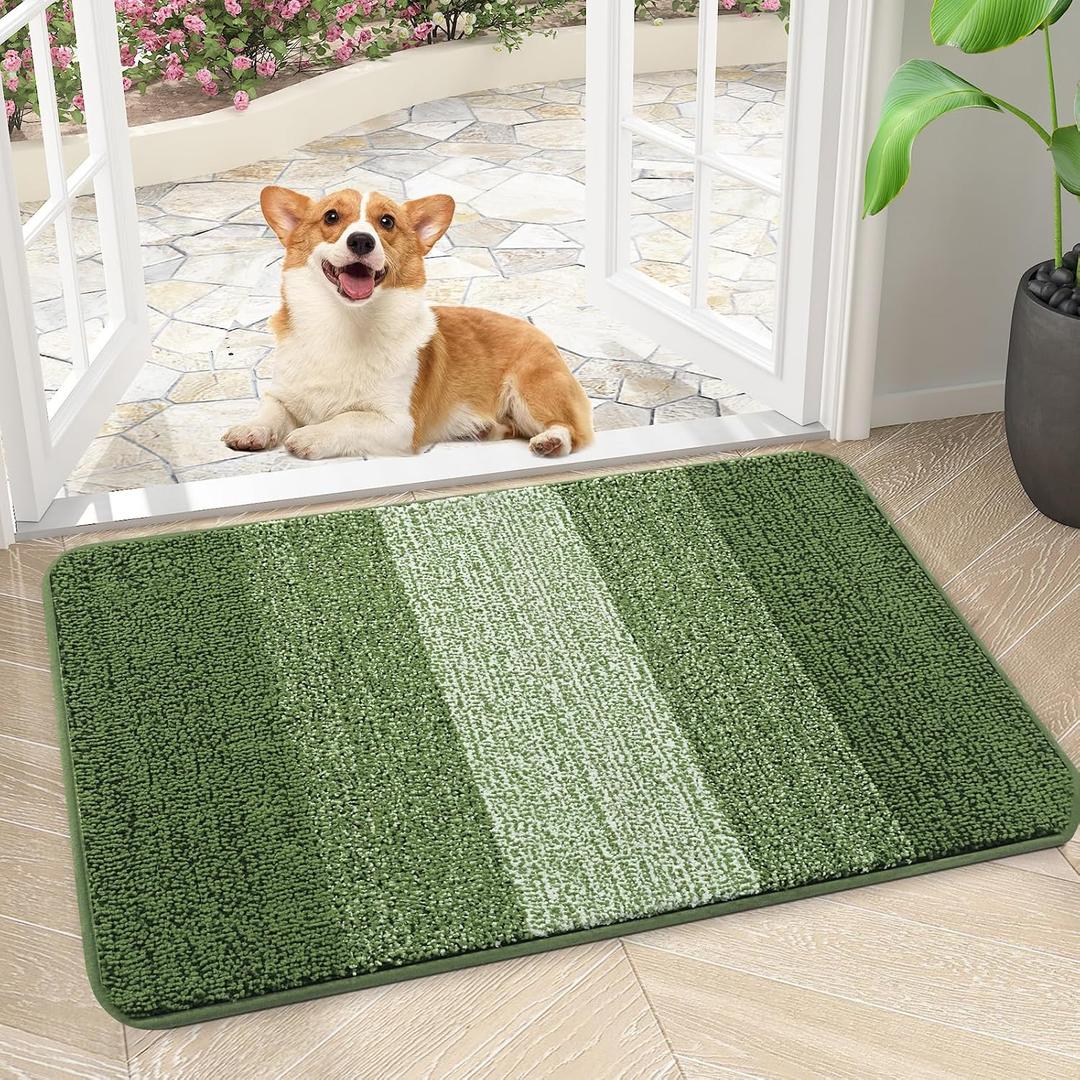Kitinjoy Indoor Outdoor Door Mat, 30x17 Non-Slip Absorbent Dirt Trapper, Low-Profile Washable Inside Entrance Front Floor Mat, Sturdy Soft Entry Doormats for Entryway, Green
