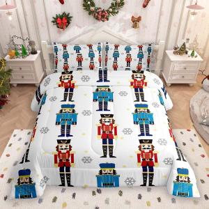 Feelyou Christmas Nutcracker Bedding Set for Boys Girls, Merry Christmas Comforter Set Full Size Snow Black Red Blue Duvet Microfiber Wooden Soldier Toy Bedroom Decor Winter Holiday with 2 Pillow Case (Multi 633)