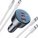 ROADRESS 200W Super Fast Car Charger for iPhone 16/15 Pro Max, 3-Port USB C Car Charger Adapter with 2100W USB C to C Cables, PD3.0/QC4.0, 12V-24V Vehicle Compatible, LED Light & Overheat Protection