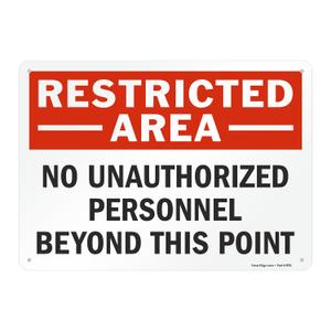 SmartSign - S-0062-AL-14 "Restricted Area - No Unauthorized Personnel Beyond This Point" Sign | 10" x 14" Aluminum Black/Red on White