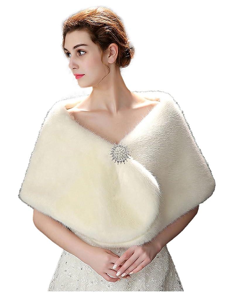 Bridal Faux Fur Wrap Shawl Cape for Women Wedding Evening Party White Fur Stole Wrap with Brooch Warm Cover Fur Scarf