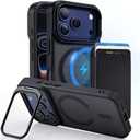 Magnetic for iPhone Case with Card Holder, Camera Kickstand, Slim Shockproof Protective Cover, Spring-Loaded Card Wallet, MagSafe Compatible (Black, iPhone 17 Pro)