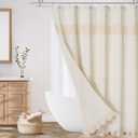 Gibelle Extra Long Boho Farmhouse Shower Curtain, Linen Cotton Fabric Shower Curtain with Macrame Lace Decor, Modern Bohemian French Country Chic Shower Curtain Set with PEVA Liner 72x84 - Beige/Cream