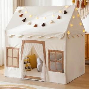 Little Dove Kids Play Tent with Mat, Kids Playhouse with 2 Windows, Star Lights & Tassel Garland, Indoor Outdoor Reading Nook, Machine Washable Cover, Gifts for Girls & Boys, 42" 27" 38", Beige