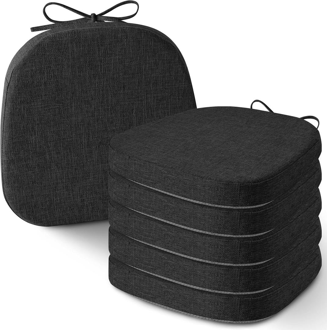 AddGrace Set of 6 Chair Cushions for Metal Dining Chairs 14x14 Chair Pads with Ties Non Slip Thick Seat Cushions with Textured and Removable Cover (6, Black)