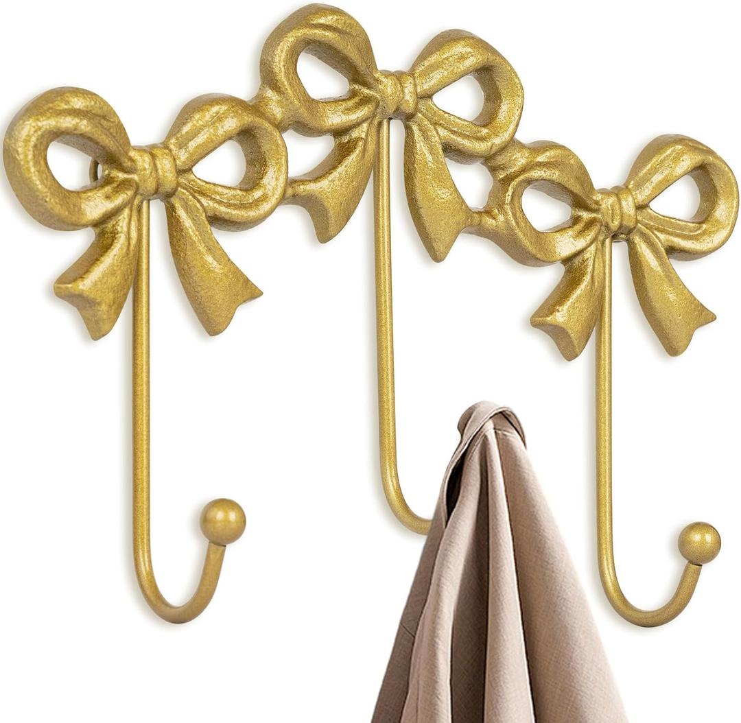 Triple Gold Bow Hooks, Wall Mount Coat Hook, Gold Wall Hooks for Hanging for Hats, Bags, Coats, Bathroom, Kitchen, Office