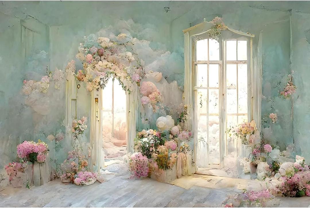 YongFoto European Style Oil Painting Backdrop 7x5ft Flowers Arched Door French Window Photography Background Birthday Bridal Shower Wedding Party Banner Home Decor Photoshoot Photo Studio Props