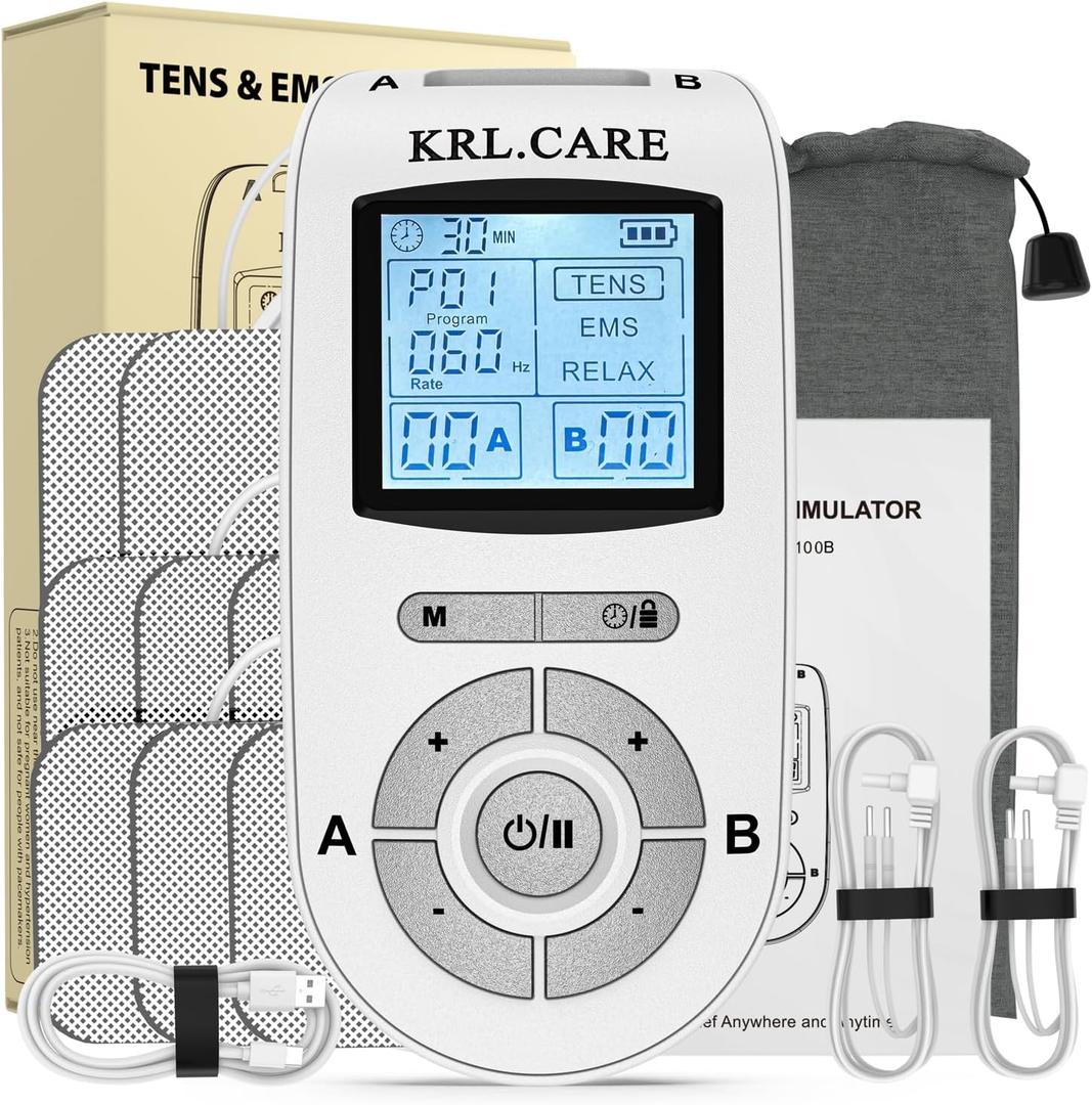 Dual Channel TENS EMS Unit 40 Intensities for Gradual Pain Relief Therapy, 24 Modes Muscle Stimulator, Electronic Pulse Massager with 8 Pads, Dust-Proof Drawstring Storage Bag